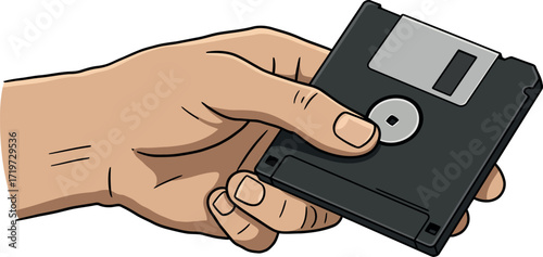 Illustration of a hand holding a floppy disk, isolated on white background