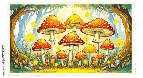 Vibrant mushrooms thriving in a forest glade, surrounded by trees and foliage, as depicted in '1674.eps'