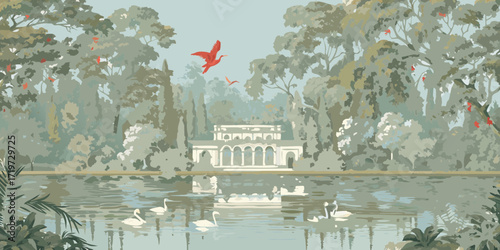 Tranquil park landscape with classical building lake swans and flying red birds