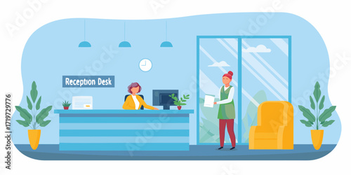 Modern office reception area with two women at the reception desk and a waiting chair