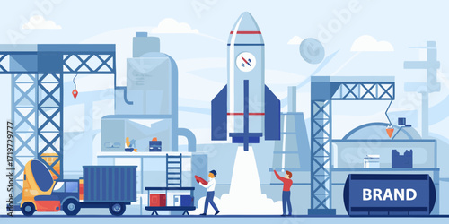 Illustration of a rocket launch from a factory with workers preparing for a new brand launch