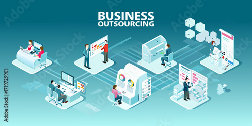 Business outsourcing concept with diverse teams working remotely on various projects