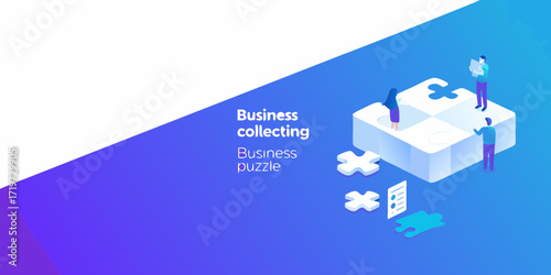 Business people assembling a large puzzle together symbolizing teamwork and problem solving in a modern isometric style