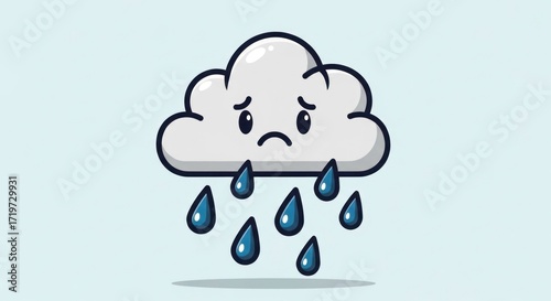 A sad cartoon cloud shedding tears representing a rainy weather condition illustration