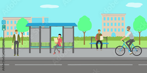 Diverse people waiting at a bus stop and cycling on a sunny day in a city with buildings and trees