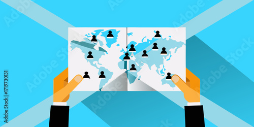 Hands holding a world map with people icons representing global connections and network