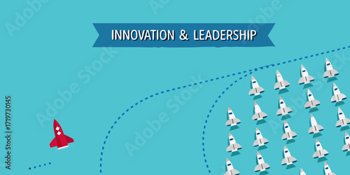 Red rocket leads a fleet of white rockets forward on a blue background with innovation and leadership text
