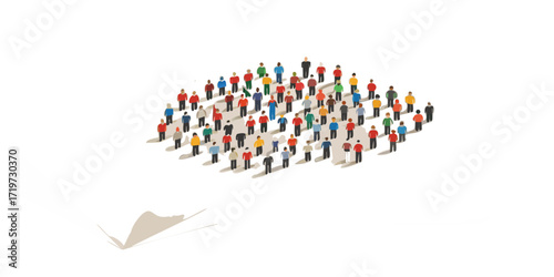 Diverse group of people gathered together in a crowd with a stylized open book illustration below