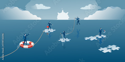 Business people on puzzle pieces in the ocean connecting with ropes and a life preserver