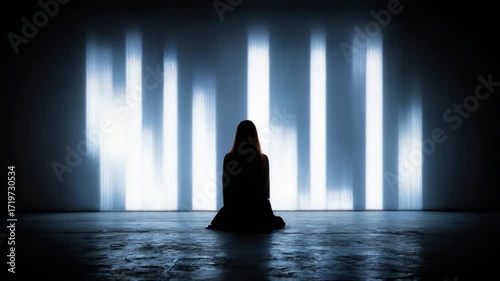 A Contemplative Figure in Silhouette Amidst Stark Lights and Shadows, Evoking Themes of Isolation and Reflection in a Digital Landscape