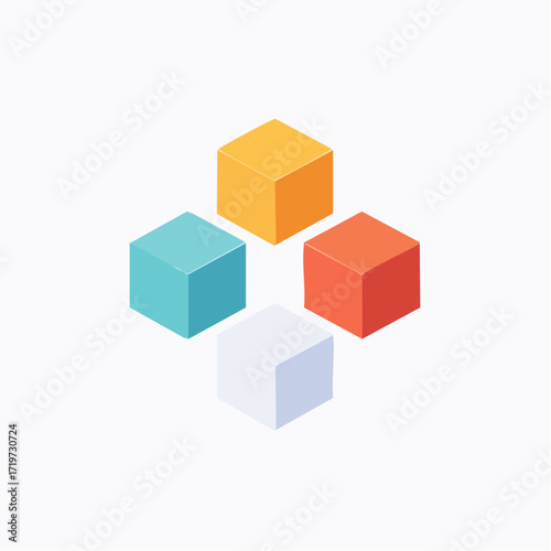 Four colorful 3D cubes arranged in a triangular formation on a white background with a modern and minimalist feel.