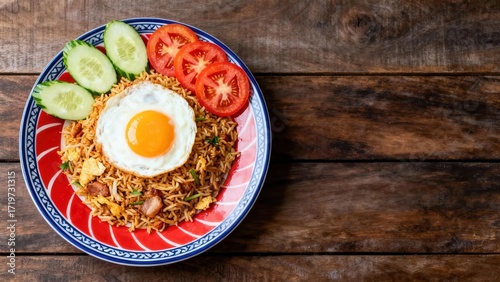 Photography A vibrant plate of nasi goreng, showcasing a fried rice dish with a fried egg, cucumber, and tomato garnish on a decorative plate