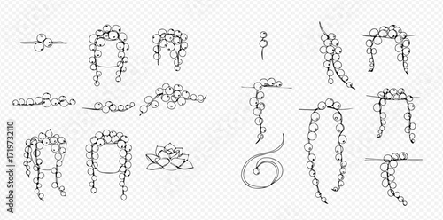 Collection of String of Pearls plant illustrations in different arrangements and shapes, including hanging, corner, and single strand designs.