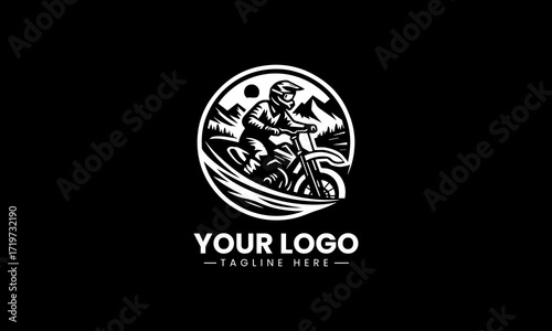 Bold motocross helmet design with a dirt bike rider and mountain landscape in a dynamic black vector logo
