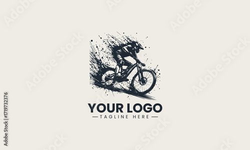 Dynamic mountain biker riding swiftly with an energetic splatter effect in a monochromatic vector illustration