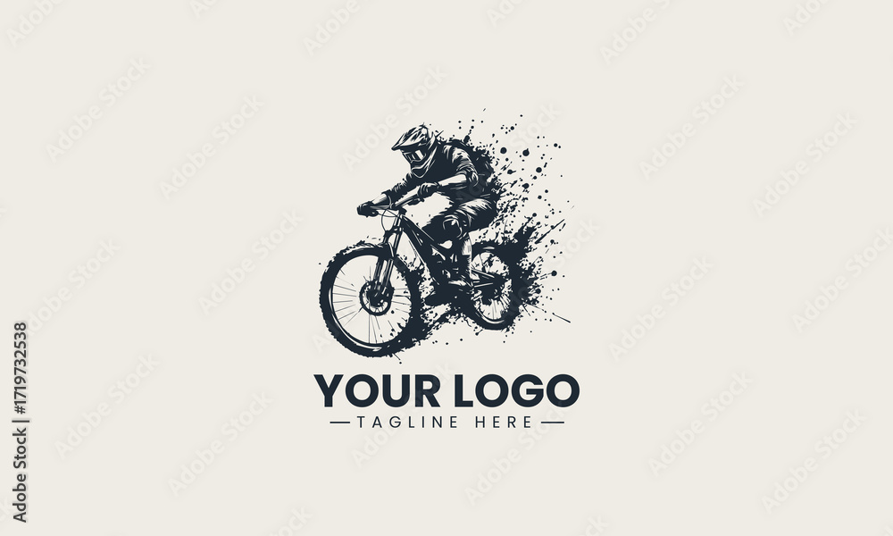 Fototapeta premium Dynamic mountain biker riding swiftly with an energetic splatter effect in a monochromatic vector illustration