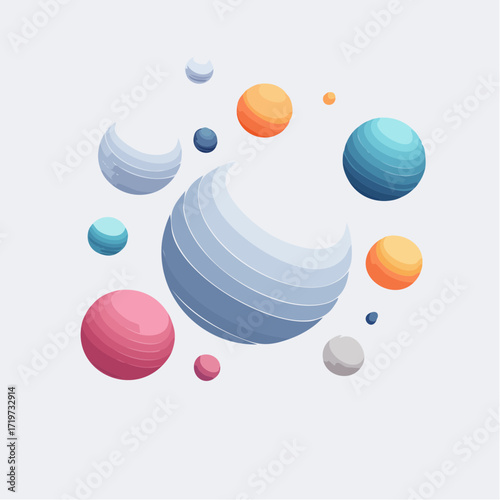 Colorful 3D illustration of various sized spheres in shades of pink, blue, orange, and gray, arranged in a circular pattern against a white background with a modern, graphic design