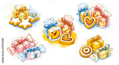 Assorted colorful cookies and gift boxes arranged on a white background, viewed from directly above, a festive still life composition