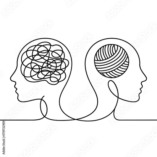 Two abstract human heads in profile connected by a single line showing one tangled and one organized brain