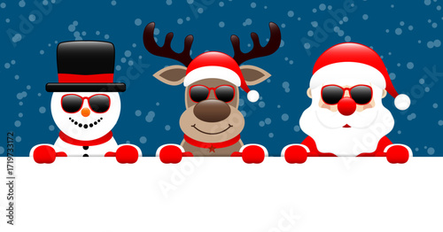 Schneemann Rentier Und Weihnachtsmann Sonnenbrille Halten Banner Schnee Dunkelblau