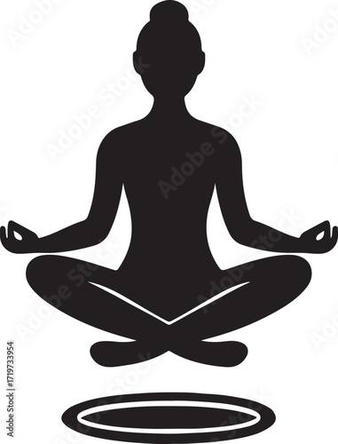 Silhouette of a person meditating in a lotus pose with hands in mudra levitating above a circular aura