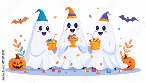 Cute cartoon ghosts celebrating Halloween with candy and pumpkins, festive and fun holiday illustration