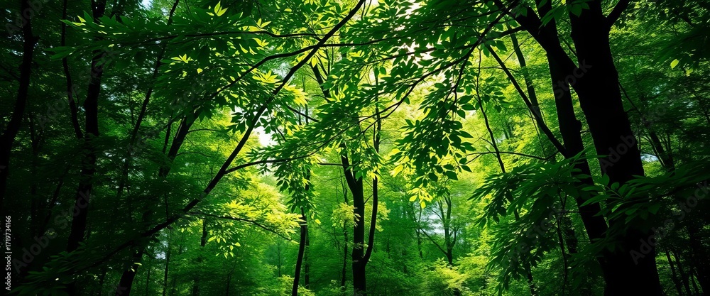 Obraz premium Lush green forest, sunlight dappled through leaves, fern, plants