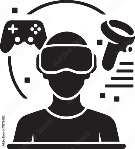 Silhouette of a person wearing a virtual reality headset surrounded by gaming controllers and digital elements