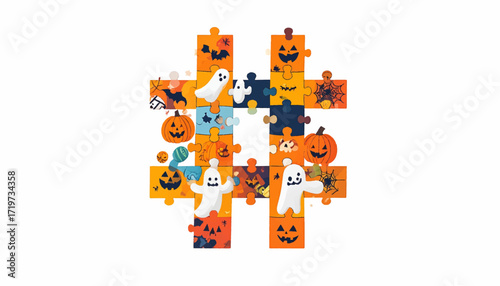 Halloween Puzzle Pieces with Spooky Characters and Fall Icons