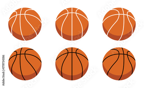 Basketball icons set in different perspectives with white and black outline. Basket ball flat vector illustration in different angles isolated on white background 