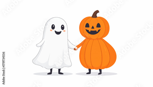 Cute ghost and pumpkin characters holding hands, celebrating Halloween with joy and friendship