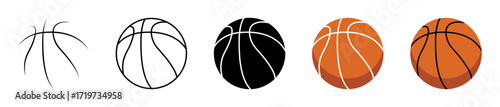 Set of basketball icons in outline, fill and color. Basketball icons set in different styles- stroke, outline, black, fill and orange left oriented isolated on white background
