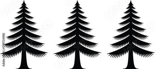 Black pine tree silhouettes, three conifer icons, vector illustration, nature symbol, forest design, simple graphic, Christmas tree outline, minimalist art, isolated on white