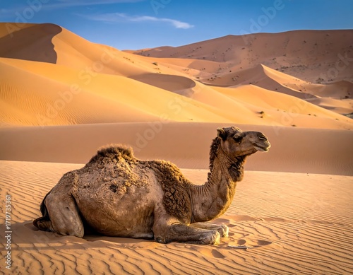 Fototapeta Naklejka Na Ścianę i Meble -  Camel resting in golden desert dunes