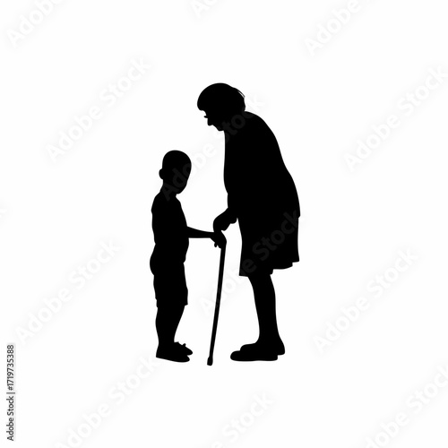 Silhouette of son helping elderly mother walk with cane isolated on white background