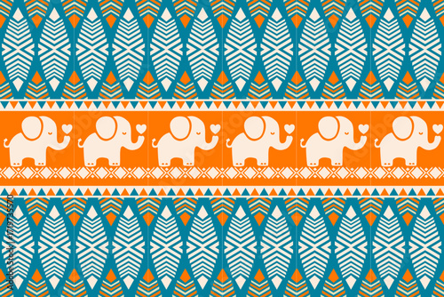 Seamless ethnic pattern with cute cartoon elephants and colorful tribal geometric ornaments in orange, teal, and white. Perfect for textile design, fabric prints, wallpapers, children’s decor, and dec