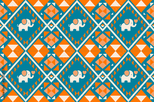 Seamless ethnic pattern with cute cartoon elephants and colorful tribal geometric ornaments in orange, teal, and white. Perfect for textile design, fabric prints, wallpapers, children’s decor, and dec