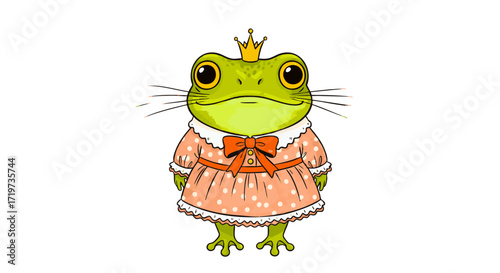 Whimsical green frog queen character in a polka dot dress. Cute amphibian fairytale mascot vector graphic element isolated for design