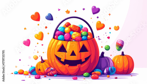 Festive Halloween pumpkin overflowing with colorful candies and surrounding Halloween pumpkins