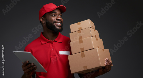 Reliable delivery guy in red uniform holding stack of packages and tablet, ready for customer satisfaction, fast shipping and excellent service assured