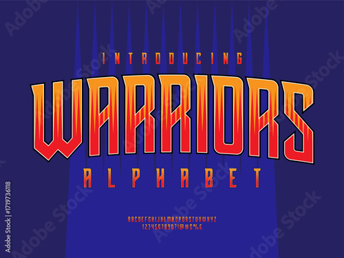 warrior type style alphabet design with uppercase, numbers and symbols
