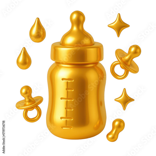 Golden baby bottle with pacifiers and drops isolated on transparent background