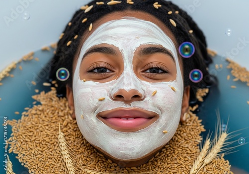 Serene Black teen with joyful eyes relaxes in bubble bath with face mask, soft light capturing unwind ritual for youthful self-care and stress-relief bathing visuals