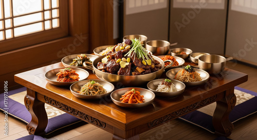 Full Korean Table Setting with Galbijjim and Side Dishes