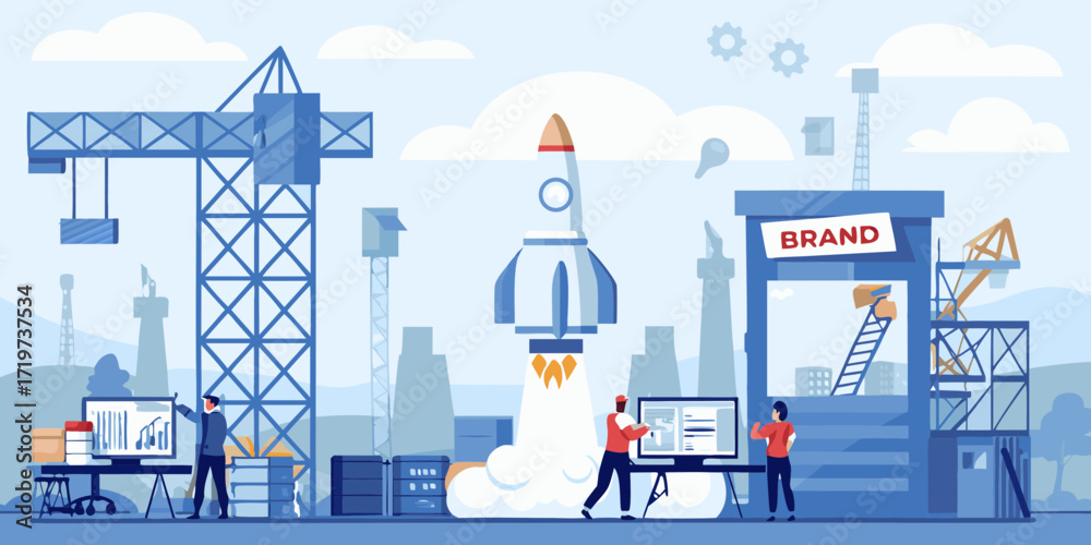 Business team launching a new brand with a rocket taking off from a construction site