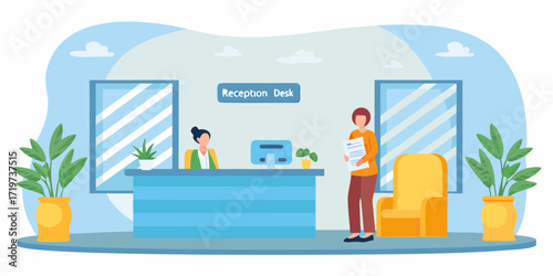 Modern reception area with a friendly receptionist and a visitor holding documents