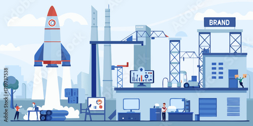 Illustration of a rocket launching from a futuristic industrial complex with a brand sign