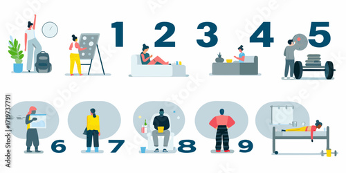 Nine steps of personal growth and development illustrated with people engaged in various activities