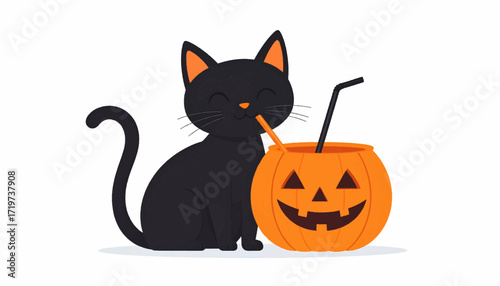 Cute black cat drinking from a Halloween jack-o'-lantern pumpkin. Adorable cartoon character illustration for a festive holiday celebration