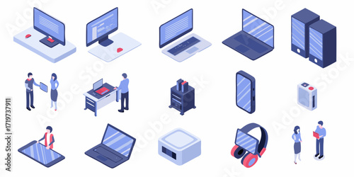 Isometric collection of modern technology devices and office equipment with people interacting